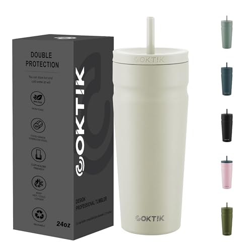 Insulated Travel Tumbler 24oz with Lid & Straw - Almond Birch, Double Wall Stainless Steel
