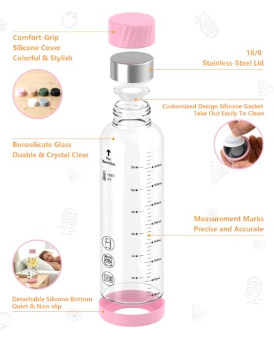 Multi-Color Glass Water Bottles with Stainless Steel Lid 12oz Leakproof 6 Pack