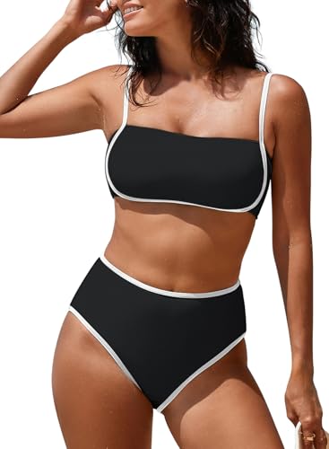 Pink Queen Women's High Waisted Bikini Set Two Piece Swimsuit Color Block High Cut Bathing Suit for Beach
