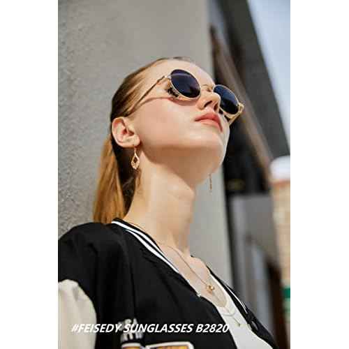 FEISEDY Retro Steampunk Polarized Sunglasses for Men Women, Round Metal Frame Gothic Vintage Style B2820