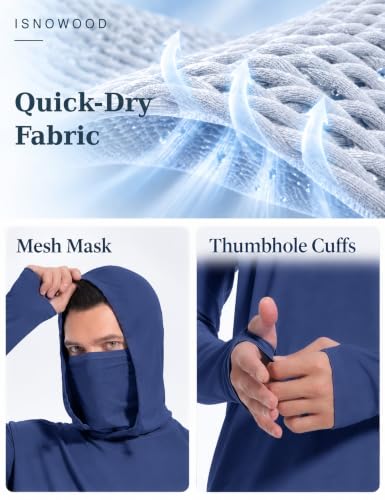 Men's UPF 50+ Sun Hoodie with Face Mask - Large Navy Blue for Fishing