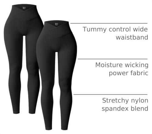 Women's 2 Piece Yoga Leggings Set - Cross Over Workout Pants, Medium / Black