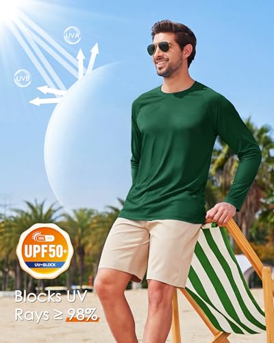 Men's UPF 50+ Sun Protection Rash Guard Shirt Long Sleeve Quick Dry Swimwear - Dark Green, Large