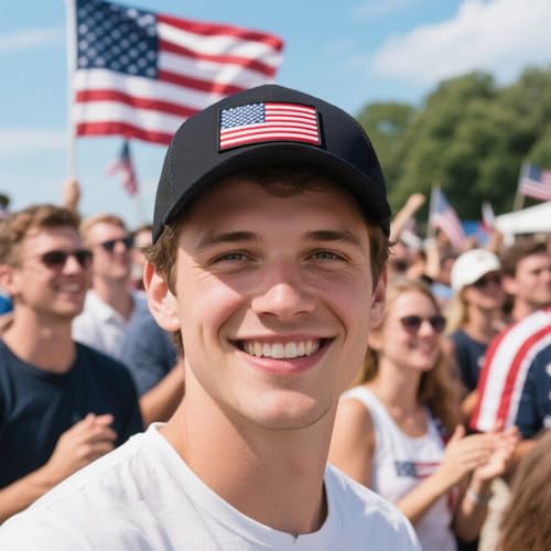 Black American Flag Trucker Hat for Men and Women, Adjustable USA Baseball Cap