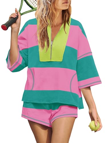 Yanekop Women's Striped Workout Set Two-Piece Lounge Athleisure Set - Hot Pink & Green, Medium