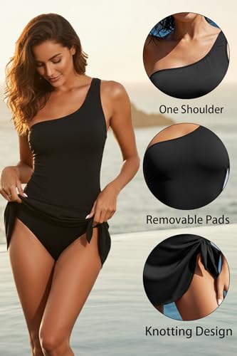 Women One Piece Swim Dress - Large Black One Shoulder Swimsuit
