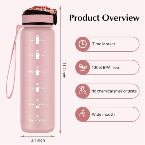 Water Bottle with Straw and Time Marker - 32oz Rose Pink - Portable Hydration