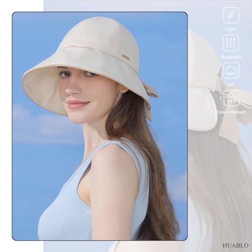 Beige Foldable Wide Brim Sun Hat for Women with Ponytail Hole - UV Protection & Bowknot