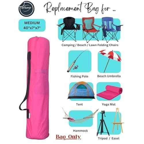 40"x7"x7" (Pink, M) Replacement Bag for Folding Camping Chair, Camp Chairs, Hammock, Yoga Mat, Beach Chair, Umbrella, Tent Bag 420D Oxford Polyester Fabric w/Side Pockets