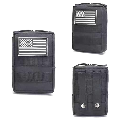Black Tactical Molle Pouch Set with Flag Patches - Compact Water-Resistant Utility Bags