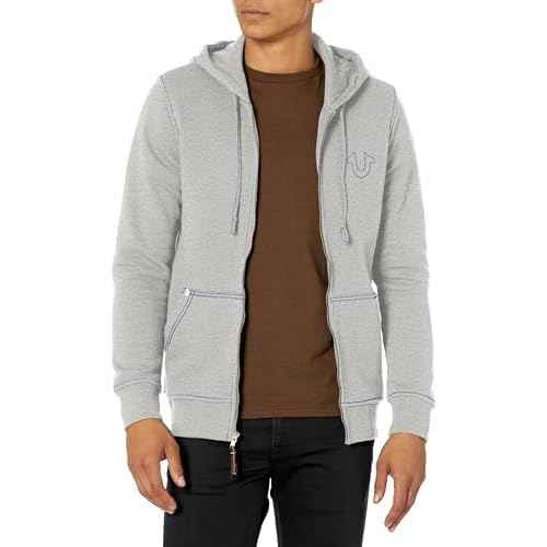 True Religion Brand Jeans Men's Big-T Zip Up Logo Hoody, Heather Grey, Medium