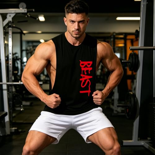 Men's Black Large Tank Top Workout Sleeveless Gym Muscle Tank Shirt - CUIFUTANG