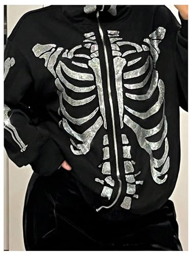 Large Black Skeleton Graphic Hoodie for Women Y2K Gothic Zip Up Sweatshirt
