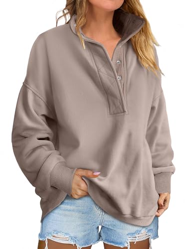 Women's Oversized Sweatshirt Mock Neck Henley - Mocha, Small - Fall Outfits