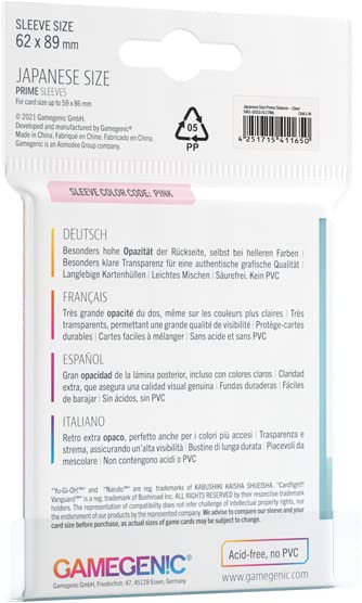 Gamegenic Prime Japanese Size Card Sleeves Clear 62x89mm - 60 Pack