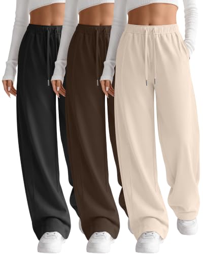 Women's Wide Leg Baggy Sweatpants 3 Pack - Black, Brown, Apricot Large