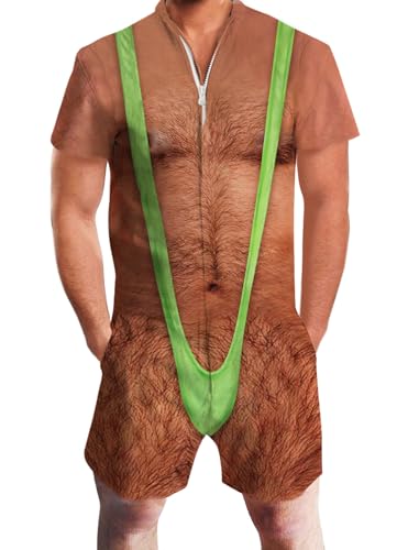 Mens Romper Zipper Shorts Sleeve One Piece Outfit Large - Hariy Chest B02