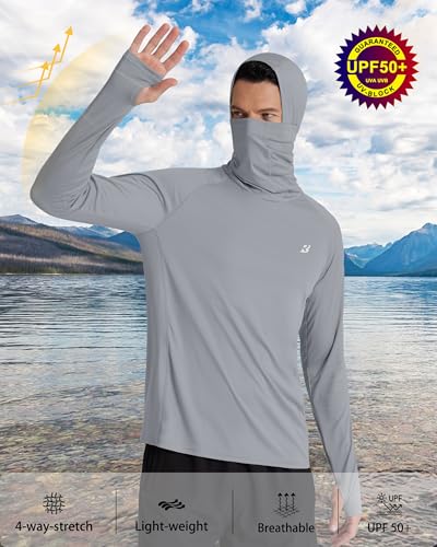 Men's UPF 50+ Sun Hoodie with Face Mask - Large Gray Outdoor Sun Protection Shirt