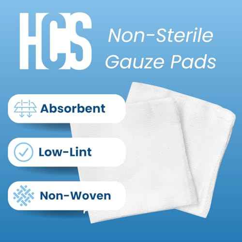 HCS Non-Woven 4x4 Gauze Pads - Non-Sterile, 4-Ply (200-Count) - Highly Absorbent, Low-Linting Squares - Gauze Sponges 4x4, Large - Medical Supplies, Wound Care, First Aid, Surgical Use, Dental