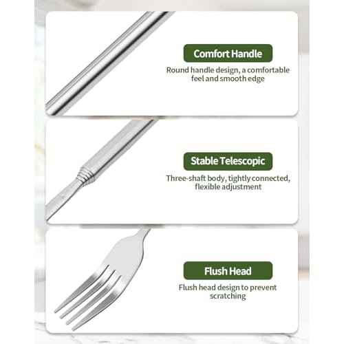 2 PCS Extendable Fork Spoon Set, Telescopic Stainless Steel Fork Spoon, Extendable 25.3 In, BBQ Dinner Fruit Dessert, Camping Flatware