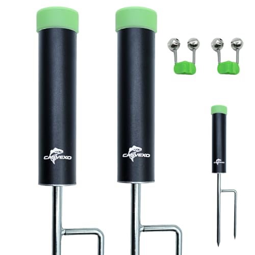 Aluminum Fishing Pole Holders 2 Pack with Alarm Bells, Ground Spike Support for Bank Fishing