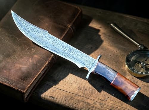 Handmade Damascus Steel Bowie Knife 15.25 Inches with Marindi Wood & Bone Handle - Survival & Hunting Knife REG-49