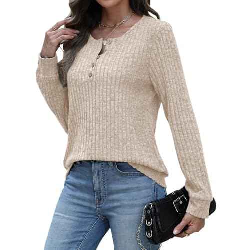 MixShe Womens Henley Sweaters 2025 Fall Winter Ribbed Knit V Neck Button Pullover Long Sleeve Tops