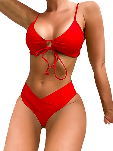 Meetall Women’s High-Cut Bikini Set - Maroon Red, Medium - 2 Piece