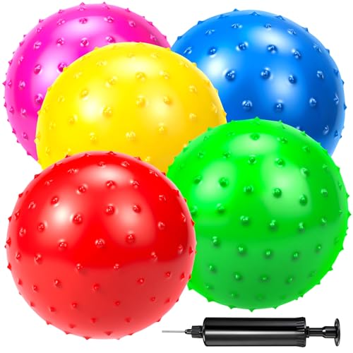 5 Pack 9-Inch Knobby Bouncy Balls - Sensory, Stress Relief & Massage Toys with Pump