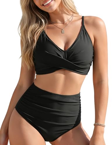 X-Large Black High Waisted Bikini Set with Twist Front V-Neck and Ruched Tummy Control Bottoms