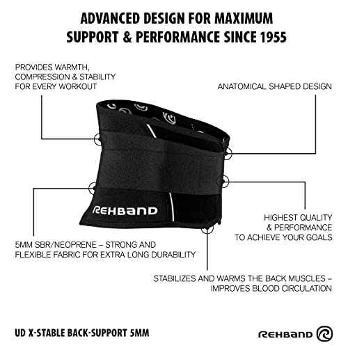 Rehband X-Stable Back Support, Neoprene back compression support 5mm, strong support for fitness and daily life, stabilizes lower back, Colour:Black, Size:Medium