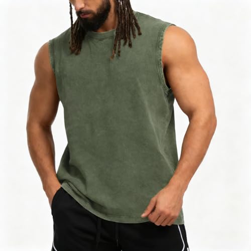 Men's Workout Tank Top Sleeveless Muscle Shirt - Acid Wash Cotton, Green, X-Large
