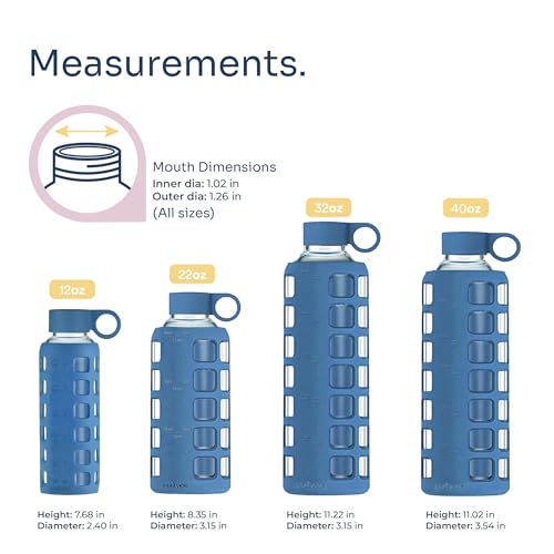 22oz Borosilicate Glass Water Bottle with Time & Volume Markers, Silicone Sleeve, Stainless Steel Lid – Chinese Porcelain Variation