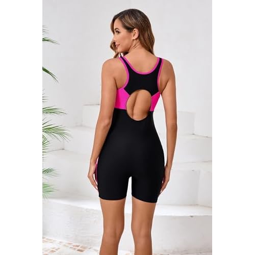 Halcurt Women's Boyleg One Piece Swimsuit Racerback Athletic Boyshort Bathing Suit