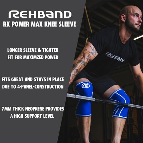 Rehband Rx Knee Sleeve Power Max, 1 piece, knee support 7mm neoprene, strongman, heavy lifting, longest knee sleeve, Colour:Black, Size:M
