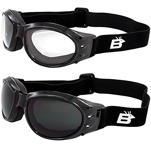 Motorcycle & Airsoft Goggles with Clear & Dark Lenses for All-Weather, ATV, Biker & Extreme Sports