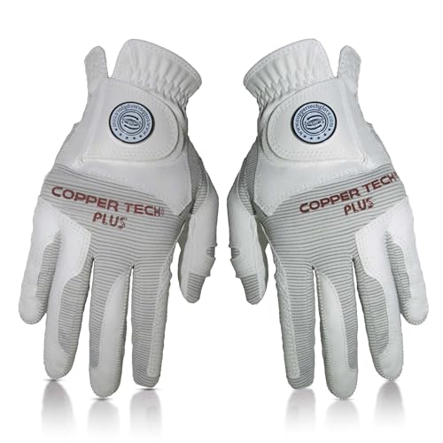 Copper Tech Plus Women’s Copper Infused Golf Glove – White/White – Pair – Compression Fit – Arthritis Relief – Non-Slip Grip – Breathable & Odour-Free – USGA Approved, One Size
