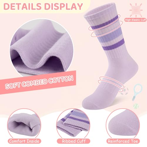 Girls Crew Socks 7 Pairs Kids Athletic Calf Socks Casual Stripe White 10-12 Years
