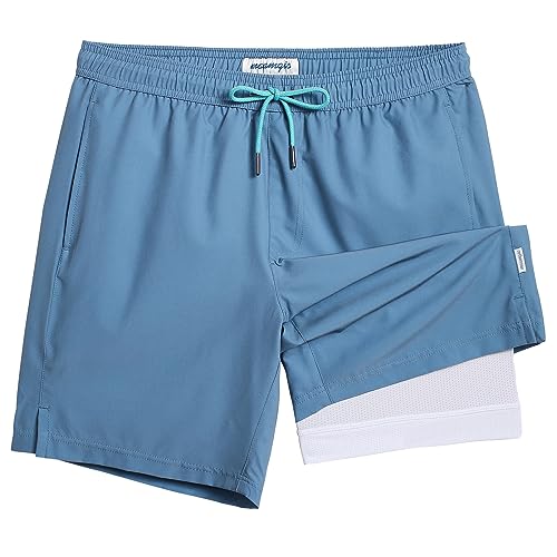 Men's Swim Trunks with Compression Liner 7-Inch Quick Dry Board Shorts - Haze Blue & White Large