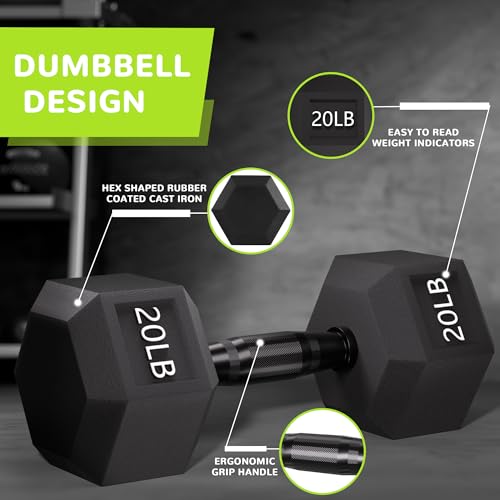 Fitvids Rubber Encased Exercise & Fitness Hex Dumbbell, Hand Weights with Anti-Slip Metal Handle for Home Gym, Multiple Sizes