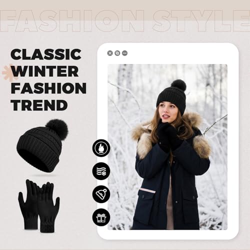 Women Knitted Beanie Hat and Gloves Set - Winter Gift for Women - Black
