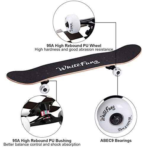 WhiteFang Skateboards for Beginners, Complete Skateboard 31 x 7.88, 7 Layer Canadian Maple Double Kick Concave Standard and Tricks Skateboards for Kids and Beginners