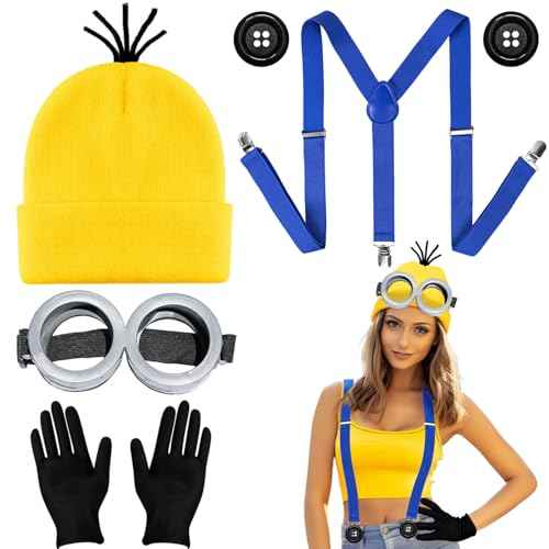 MOVINPE Halloween Costume Accessories, Yellow Beanie Hats Steampunk Goggles Glasses Elastic Suspenders Gloves Buttons Halloween Cosplay Party Set