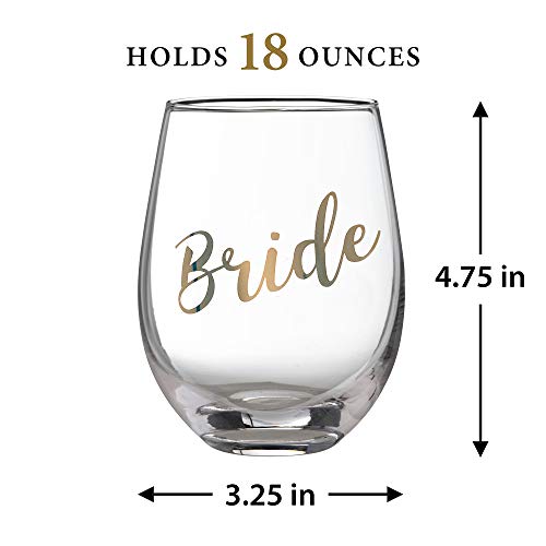 Bride Stemless Wine Glass - Gold Lettering, 4.75 Inch Wedding Gift