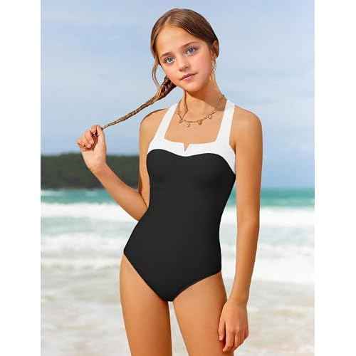 Shallmu Girls One Piece Swimsuits Color Block Dual Crossback Straps with Cover Up Skirt Girl's Swimwear 9-16Y