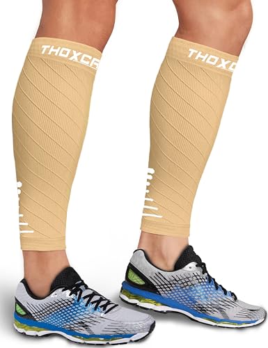 Calf Compression Sleeve for Men Women 2 Pairs - Leg Support Socks for Running Swelling Varicose Veins Pain Relief - Beige/White Medium