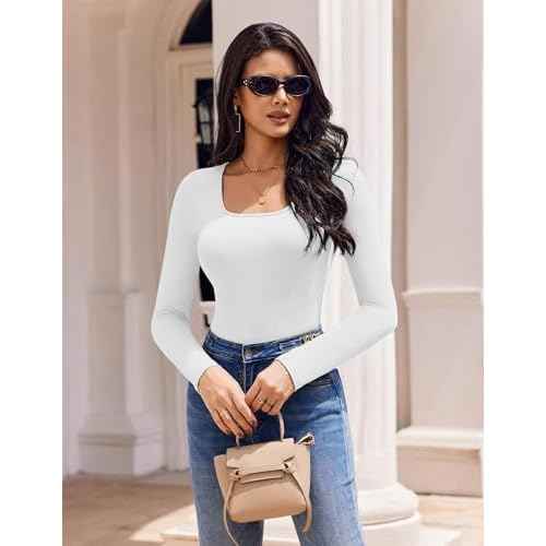 Ekouaer Womens 3 Pack Long Sleeve Shirts Square Neck Basic Tops Fitted Tee Thermal Undershirts XS-XXL