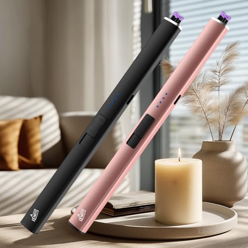 2 PCS Pack USB Rechargeable Electric Candle Lighter with LED Power Display, Dual Arc Plasma Flameless Type C Long Lighter for Birthday,Fireplace, Candle, Camping(Black & Rose Gold