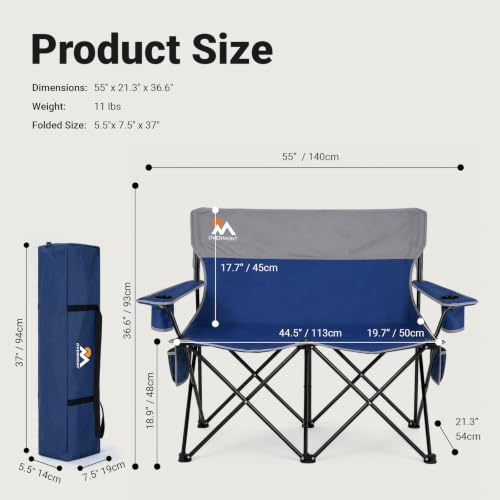 Overmont Double Camping Chair - Blue Loveseat with Cup Holders, Foldable & Heavy Duty