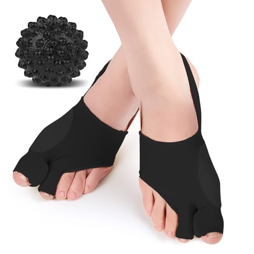 2Pcs Bunion Corrector/Splint/Brace for Women & Men, Big Toe Straightener/Separators for Hallux Valgus Pain Relief & Correct Toe Alignment, Soft & Breathable for Day/Night, Free Size, Include a Massage Ball, Black